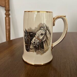 Vintage Sadler England Ceramic Horse Beer Stein Mug, White with Gold Details